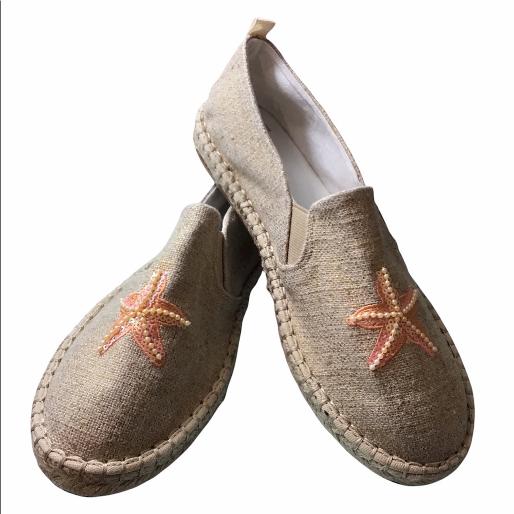 CROWN & IVY Skylar slip on espadrille tan with starfish gold metallic size 8